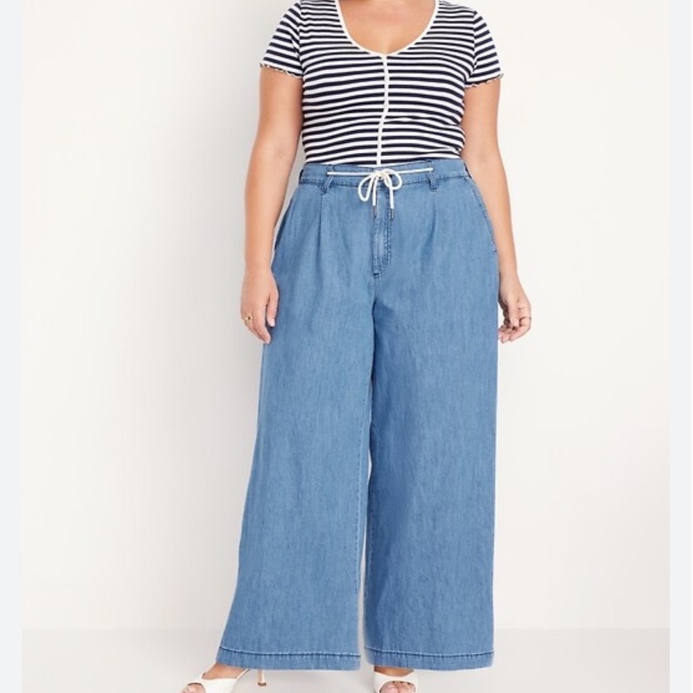 Old Navy Womens 12 Tall High Rise Drapey Drawcord Wide Leg Jeans Dark Wash Blue